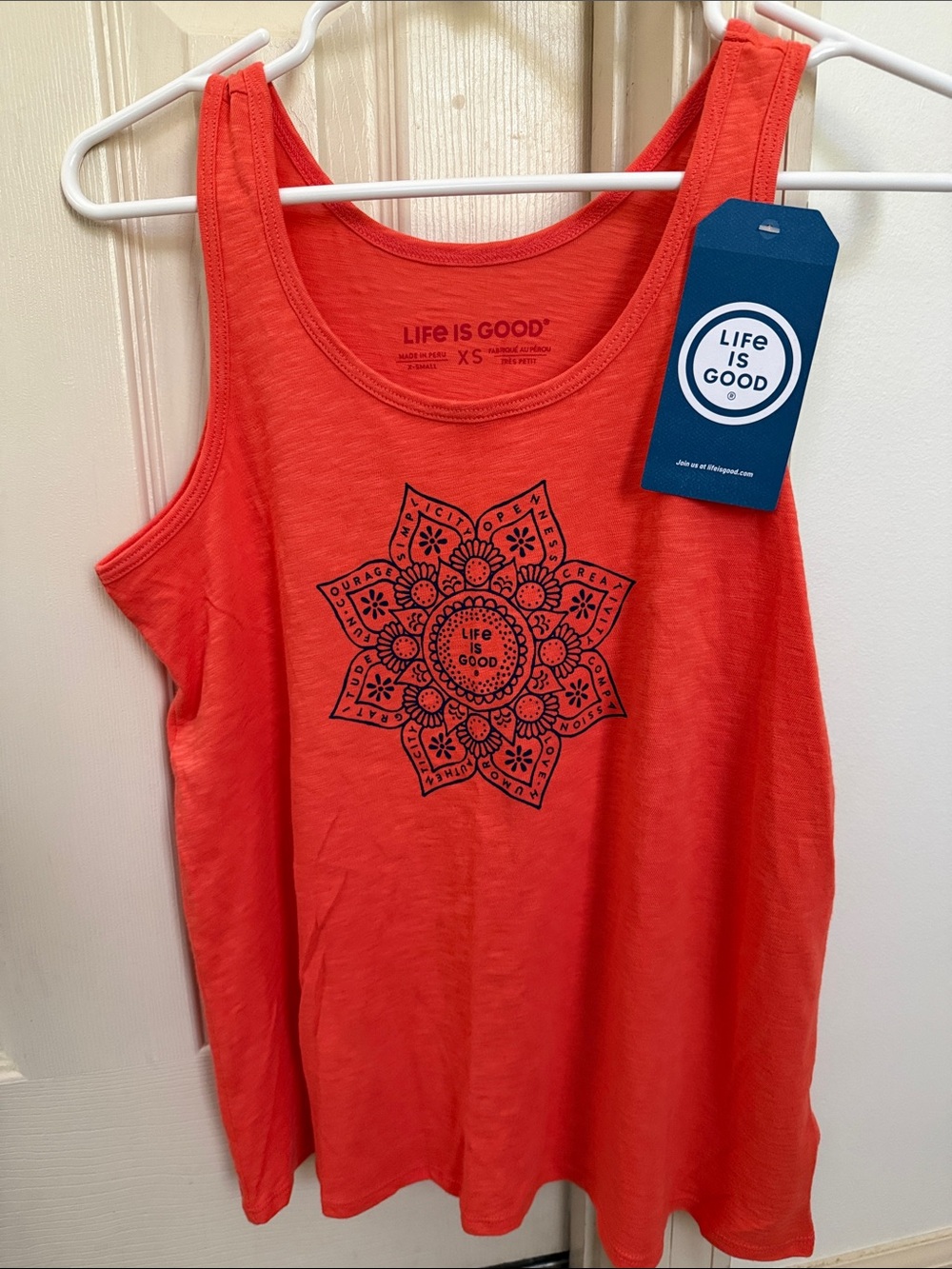 Life Is Good Women's Coral-Orange Tank with Navy Mandala Graphic